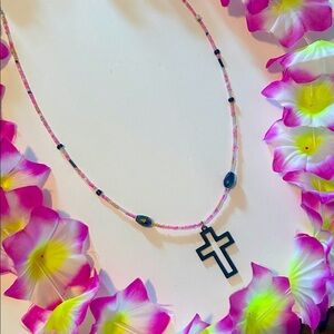 Chic Pink Beaded Necklace with Black Cross Pendant